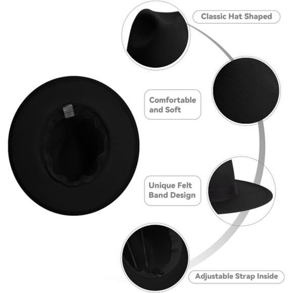 Wide Brim Fedora Hats for Women & Men Classic Dress Panama Hat Adjustable Felt - Picture 6 of 6